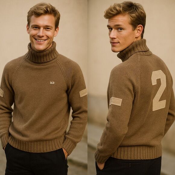 La Martina Wool Polo Turtleneck Sweater Brown No.2 Patch XL Preppy Equestrian - Picture 1 of 13